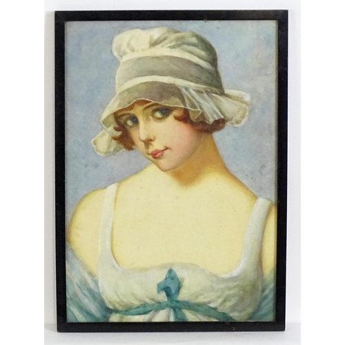 1999 - Early 20th century, Watercolour, A portrait of a young girl wearing a mob cap. Approx. 14 3/4