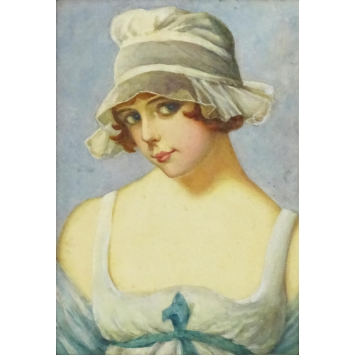 1999 - Early 20th century, Watercolour, A portrait of a young girl wearing a mob cap. Approx. 14 3/4