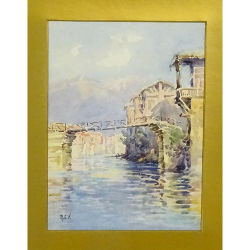 2003 - 20th century, Continental School, Watercolour, A wooden bridge over a river. Signed with initials R.... 