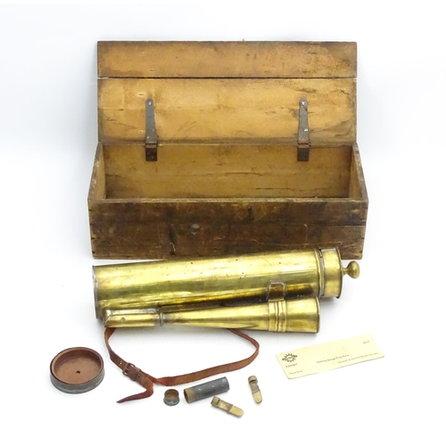 1414 - An early 20thC brass sailing barge foghorn / signal horn, in a pine case containing spare pitch valv... 