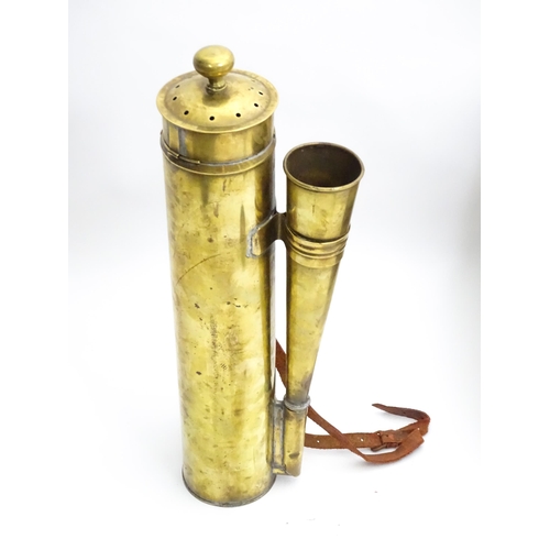 1414 - An early 20thC brass sailing barge foghorn / signal horn, in a pine case containing spare pitch valv... 