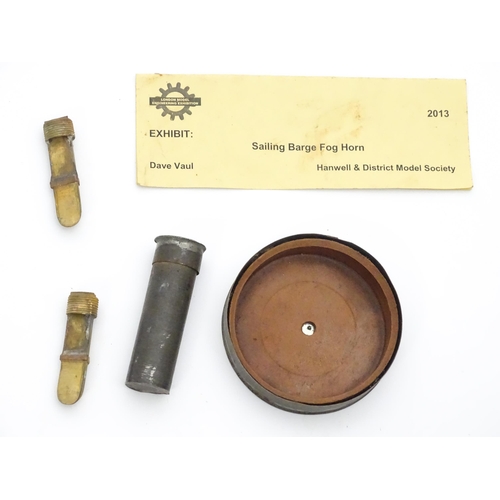 1414 - An early 20thC brass sailing barge foghorn / signal horn, in a pine case containing spare pitch valv... 