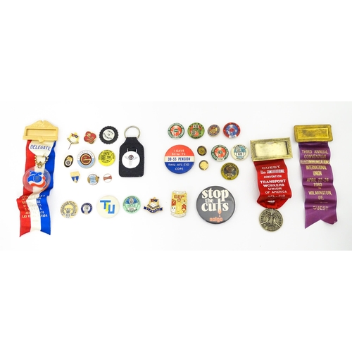 2102 - Trade Union Interest: a quantity of assorted badges, pins, etc. to include three convention medals f... 