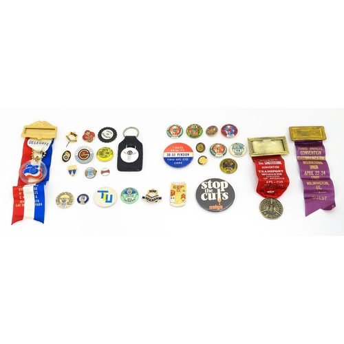 2102 - Trade Union Interest: a quantity of assorted badges, pins, etc. to include three convention medals f... 