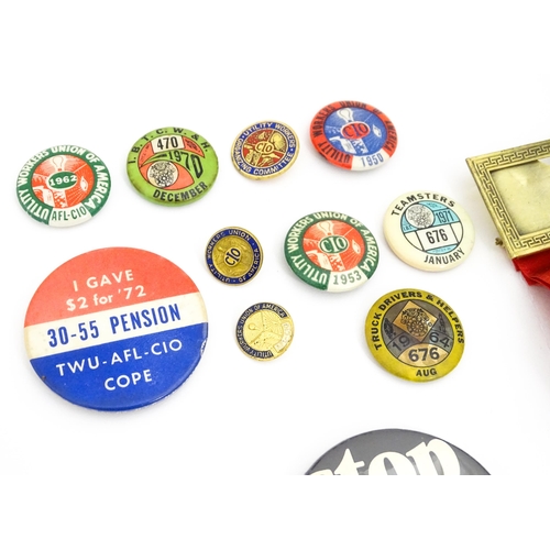 2102 - Trade Union Interest: a quantity of assorted badges, pins, etc. to include three convention medals f... 