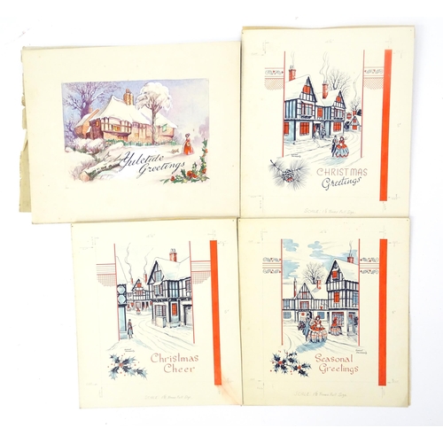 1542 - Three 20thC watercolour and ink Christmas cards designs by Gordon Drummond depicting winter street s... 