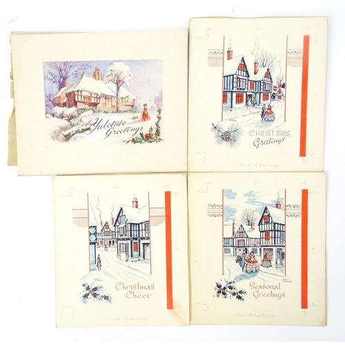 1542 - Three 20thC watercolour and ink Christmas cards designs by Gordon Drummond depicting winter street s... 