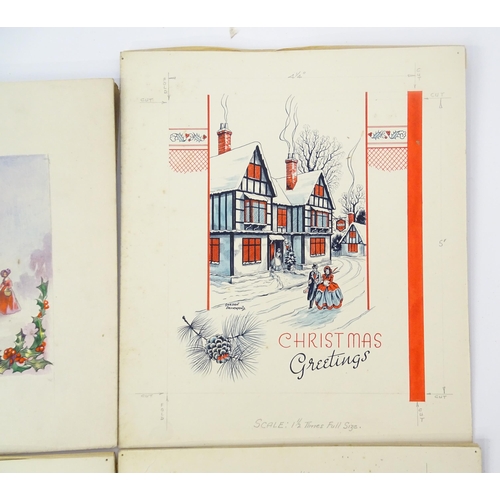 1542 - Three 20thC watercolour and ink Christmas cards designs by Gordon Drummond depicting winter street s... 