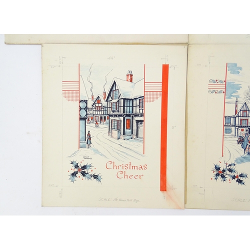 1542 - Three 20thC watercolour and ink Christmas cards designs by Gordon Drummond depicting winter street s... 