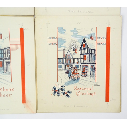 1542 - Three 20thC watercolour and ink Christmas cards designs by Gordon Drummond depicting winter street s... 