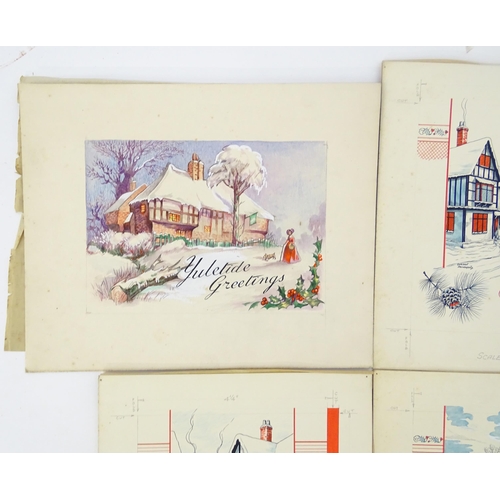 1542 - Three 20thC watercolour and ink Christmas cards designs by Gordon Drummond depicting winter street s... 