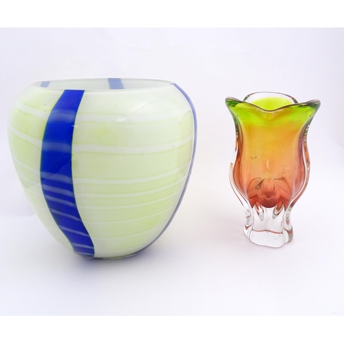 293 - A Polish art glass vase with yellow / green and blue detail, by Jozefina. Together with an art glass... 