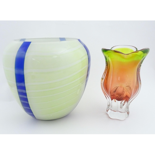 293 - A Polish art glass vase with yellow / green and blue detail, by Jozefina. Together with an art glass... 