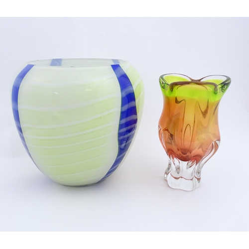 293 - A Polish art glass vase with yellow / green and blue detail, by Jozefina. Together with an art glass... 