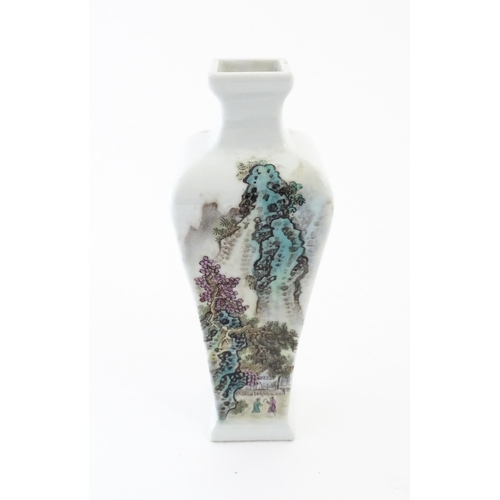 20 - A Chinese vase of squared form with mountain landscape and script decoration. Character marks under.... 