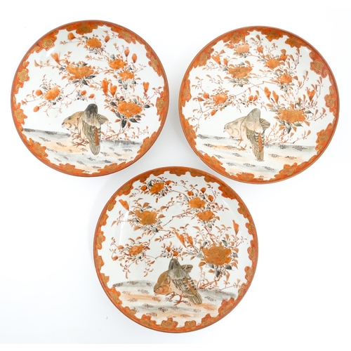 30A - Three Japanese Kutani plates decorated with flowers, foliage and two birds, with foliate detail to r... 