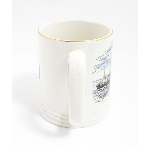 168 - A Lord Nelson pottery pint mug / tankard depicting the steam ship HM Yacht Britannia. Marked under. ... 