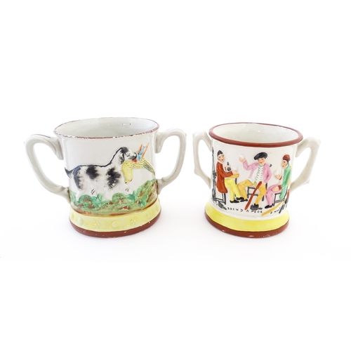 59A - Two Staffordshire pottery loving cups / frog mugs, one with relief decoration depicting a hunting do... 