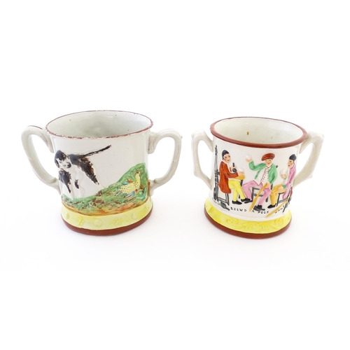 59A - Two Staffordshire pottery loving cups / frog mugs, one with relief decoration depicting a hunting do... 