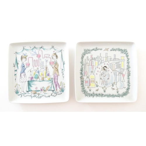 77 - Two Rosenthal plates of square form designed by Raymond Peynet, The Lovers of Peynet - The Chemists.... 