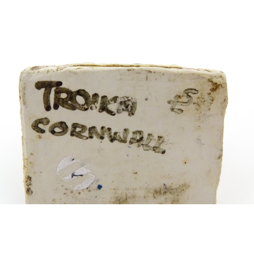 93 - A Cornish Troika studio pottery coffin vase of tapering form decorated by Sue Lowe. Signed under Tro... 