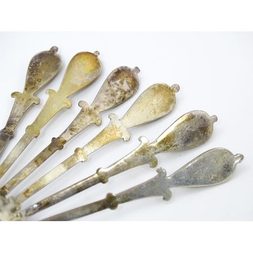 661 - A set of six silver plate teaspoons with green jade coloured cabochon detail to handles. Cased. Appr... 