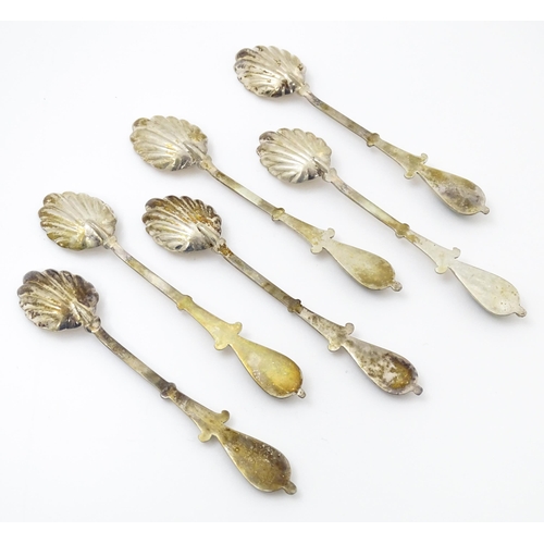 661 - A set of six silver plate teaspoons with green jade coloured cabochon detail to handles. Cased. Appr... 