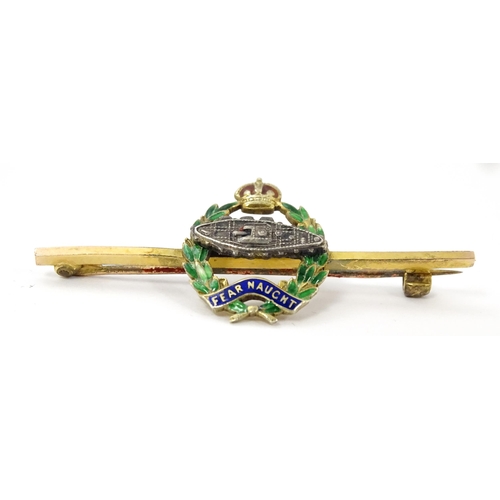 833 - Military Interest : A 9ct gold regimental bar brooch for the Royal Tank Corps depicting insignia wit... 