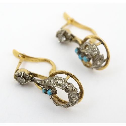 911 - Four pairs of drop earrings to include Art Deco silver, moonstone, yellow metal set with turquoise a... 