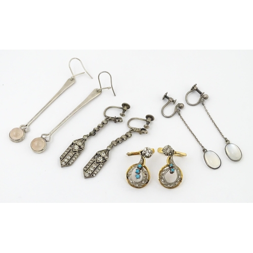 911 - Four pairs of drop earrings to include Art Deco silver, moonstone, yellow metal set with turquoise a... 