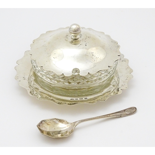 364 - A cut glass butter / preserve dish with silver lid and stand hallmarked Birmingham 1921, maker Alexa... 