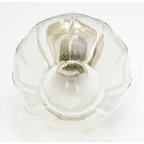 371 - A glass scent / perfume bottle with banded detail, with silver lid hallmarked Birmingham 1918, maker... 