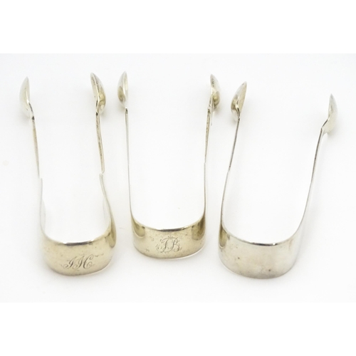 378 - Three Geo III and later silver sugar tongs hallmarks to include Newcastle 1808, maker Thomas Watson,... 