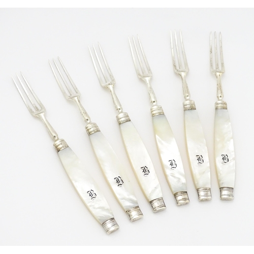 380A - A set of six Victorian silver forks with mother of pearl handles, hallmarked Sheffield 1898, maker M... 