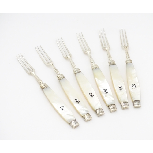 380A - A set of six Victorian silver forks with mother of pearl handles, hallmarked Sheffield 1898, maker M... 