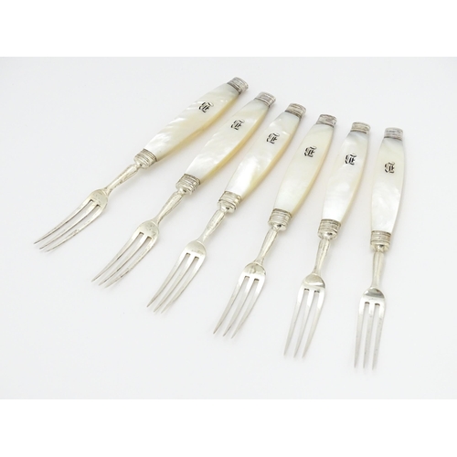 380A - A set of six Victorian silver forks with mother of pearl handles, hallmarked Sheffield 1898, maker M... 