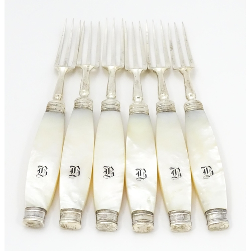 380A - A set of six Victorian silver forks with mother of pearl handles, hallmarked Sheffield 1898, maker M... 