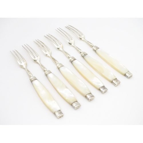 380A - A set of six Victorian silver forks with mother of pearl handles, hallmarked Sheffield 1898, maker M... 