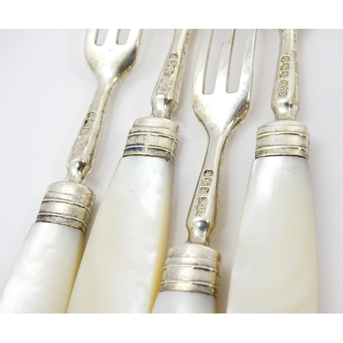 380A - A set of six Victorian silver forks with mother of pearl handles, hallmarked Sheffield 1898, maker M... 