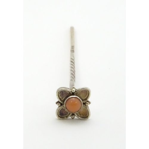 396 - A silver cocktail stick with twist detail and flower finial set with pink cabochon, hallmarked Chest... 