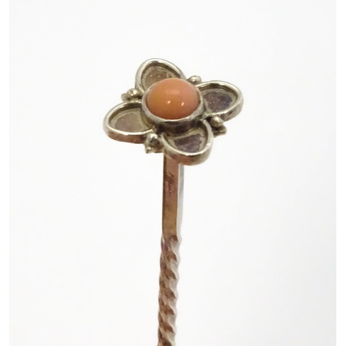 396 - A silver cocktail stick with twist detail and flower finial set with pink cabochon, hallmarked Chest... 