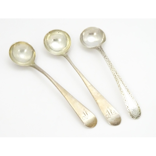 421 - Three silver mustard spoons to include a Geo III example hallmarked London 1814, maker Peter & Willi... 