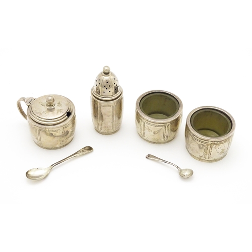 422 - An Art Deco silver four piece cruet set comprising two salts, a pepper and a mustard pot, hallmarked... 