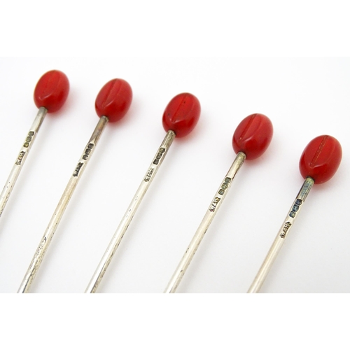 578 - A set of six silver cocktail sticks with red cherry formed finials, hallmarked Sheffield 1945, maker... 