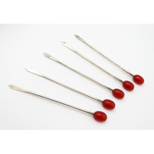 578 - A set of six silver cocktail sticks with red cherry formed finials, hallmarked Sheffield 1945, maker... 