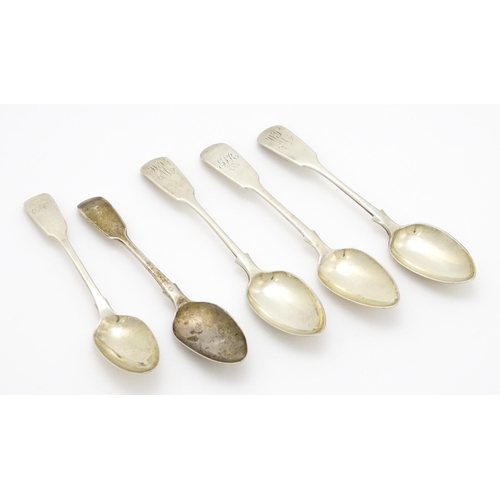 584 - Five Victorian silver teaspoons to include a pair hallmarked Exeter 1867, maker Josiah Williams & Co... 