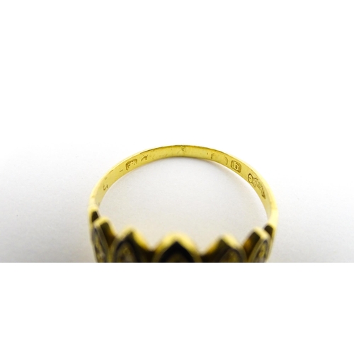 694 - Mourning / Memorial Jewellery: A Victorian gold ring set with diamonds and black enamel detail. Ring... 