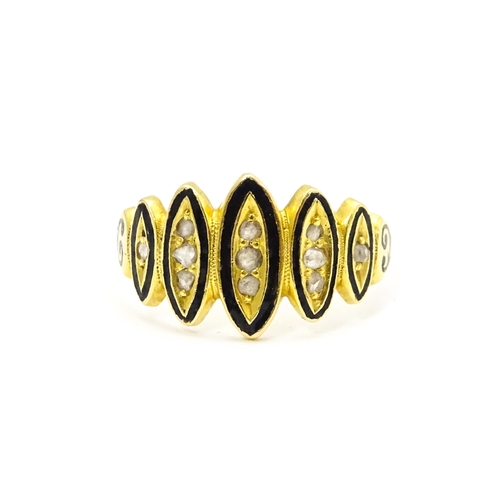 694 - Mourning / Memorial Jewellery: A Victorian gold ring set with diamonds and black enamel detail. Ring... 