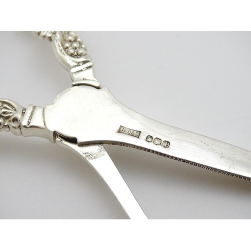 306 - Silver grape shears with fruiting vine and fox decoration hallmarked Sheffield 1971, maker J B Chatt... 