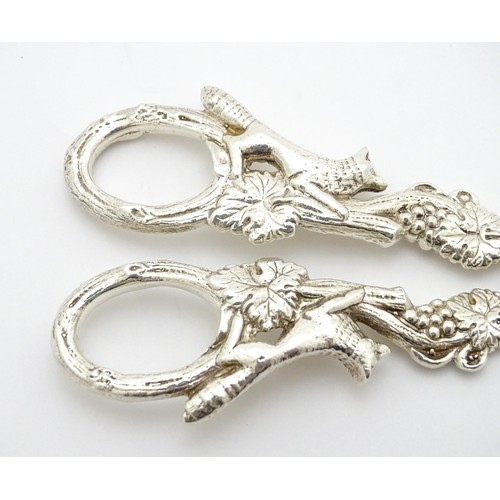 306 - Silver grape shears with fruiting vine and fox decoration hallmarked Sheffield 1971, maker J B Chatt... 